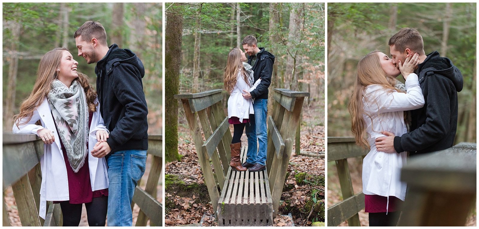 Winter Red River Gorge engagement session in Kentucky on the hiking trail to Left Flank.