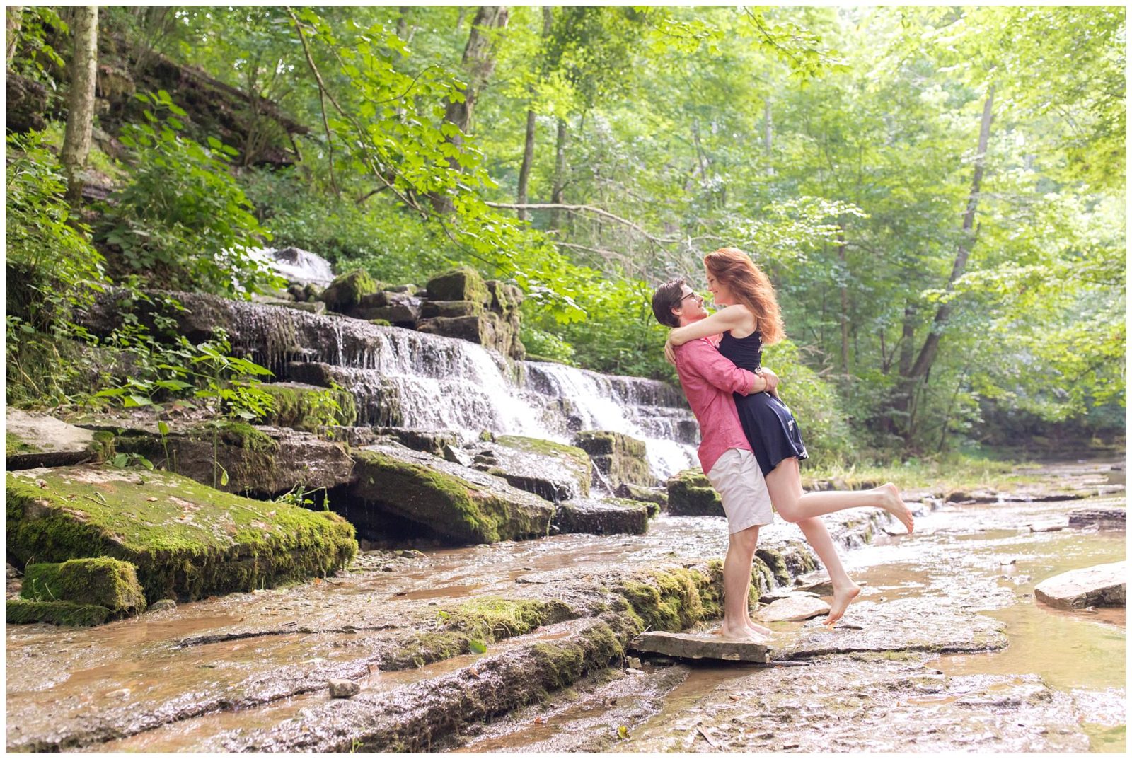 Couple by a waterfall at Shaker Village in Harrodsburg, KY
