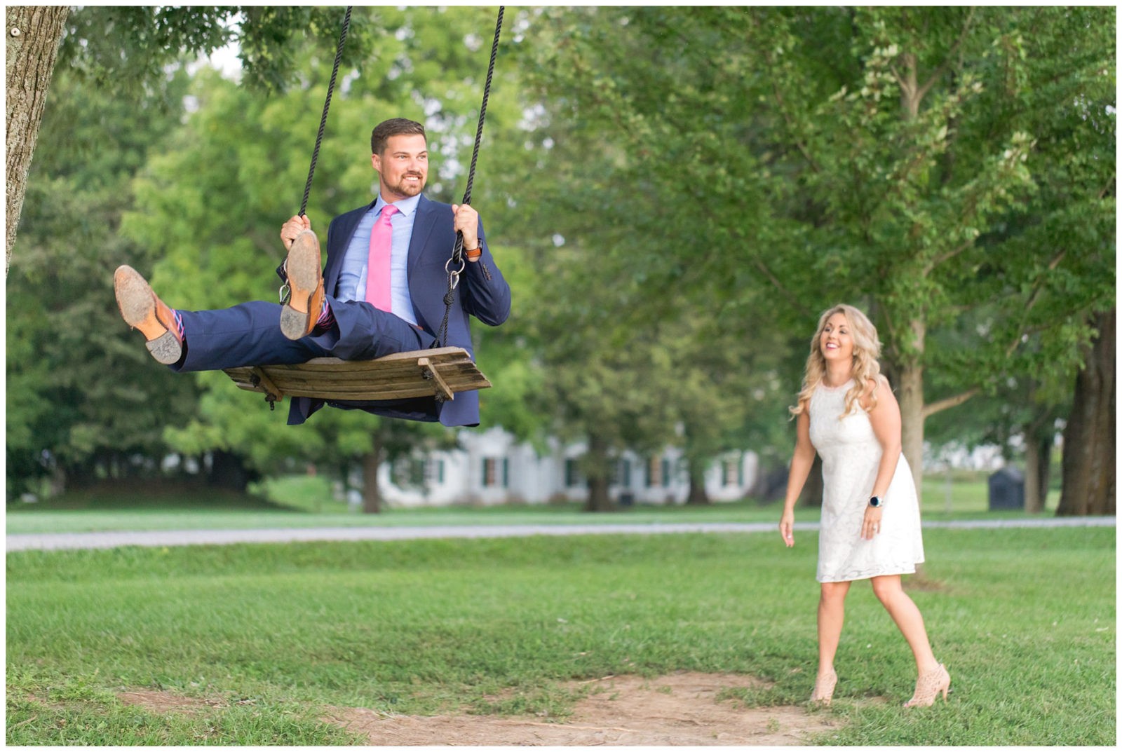Swing and farm engagement session at Shaker Village in Harrodsburg, Kentucky.