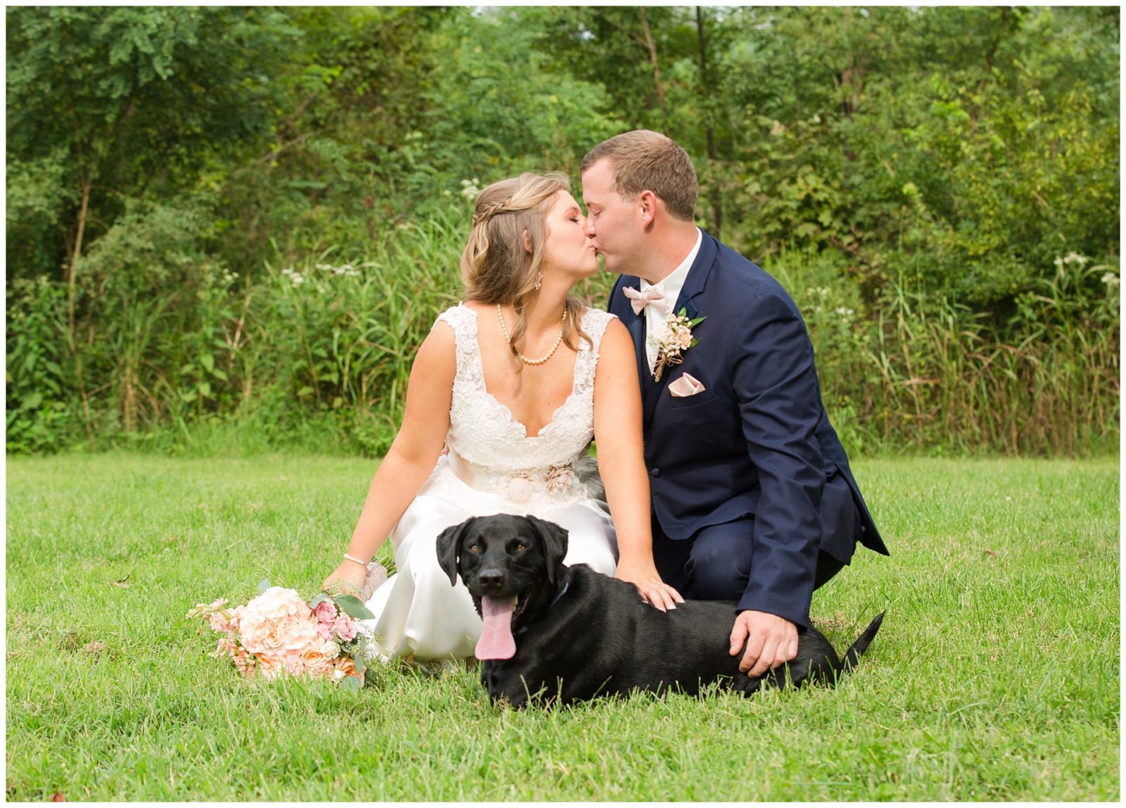 Wedding Bride and Groom Photos with a dog at the Barn at McCall Springs in Lawrenceburg, Kentucky.