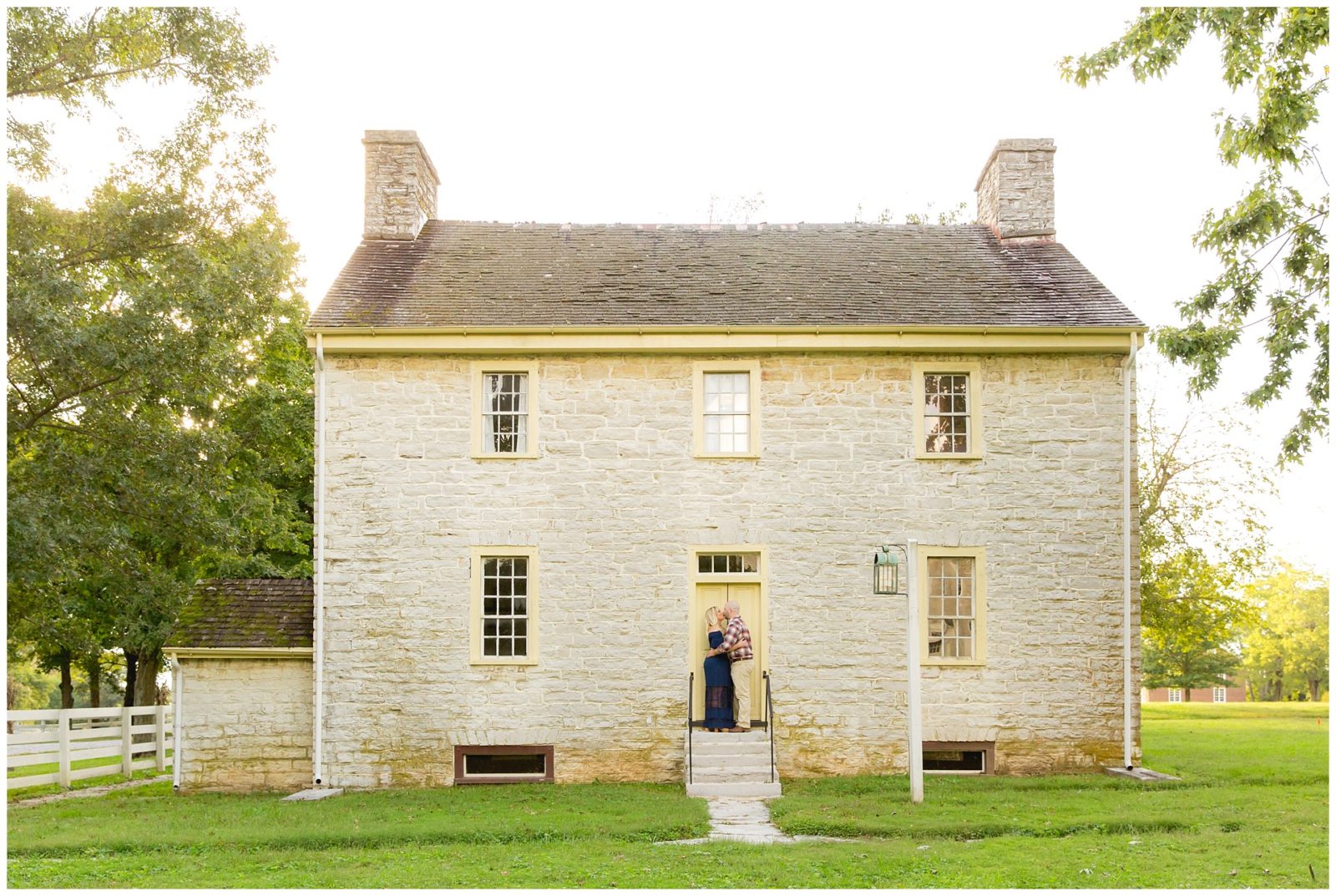 Fall engagement session at an old house at Shaker Village in Harrodsburg, Kentucky.