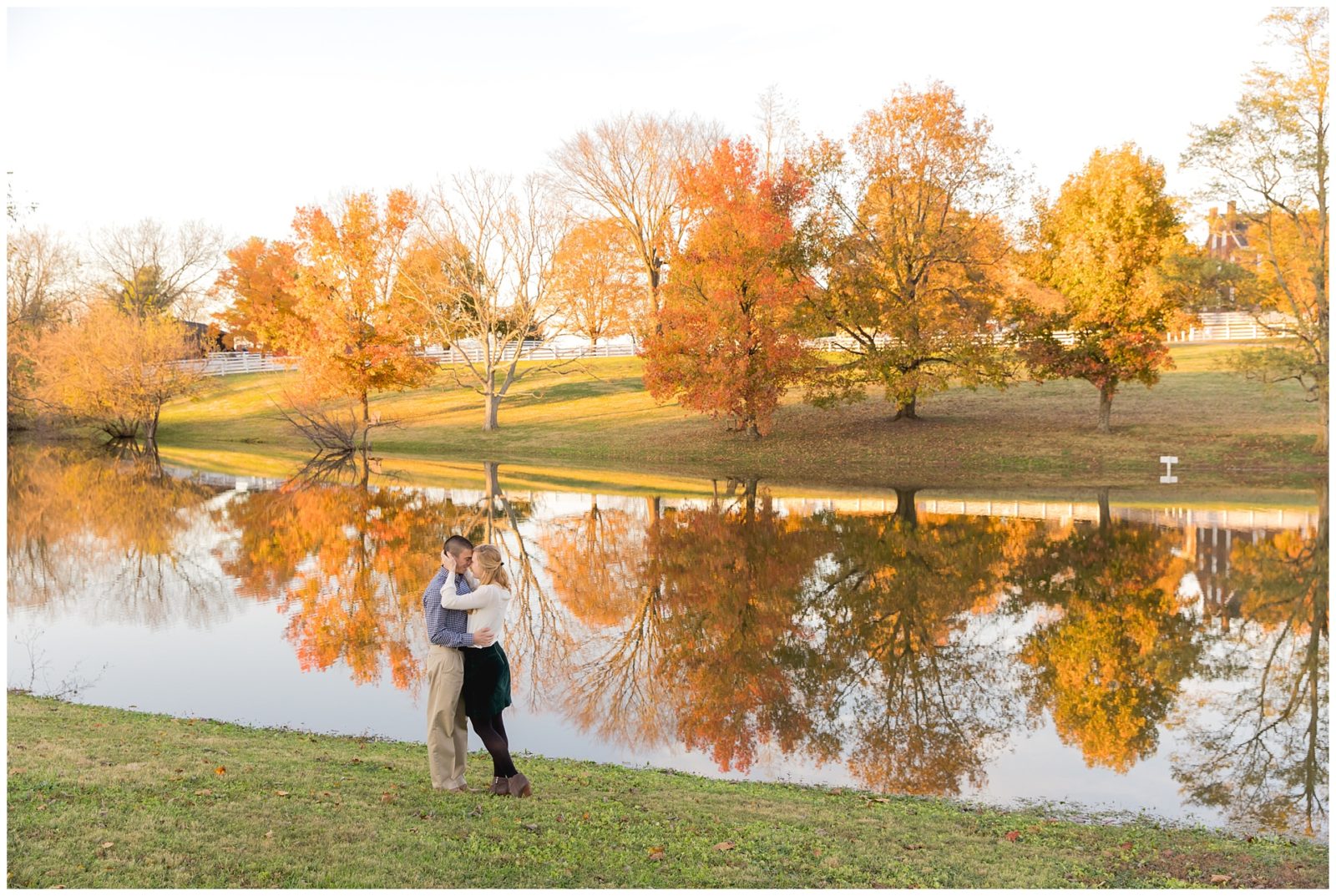 Countryside Fall Engagement Session at a pond at Shaker Village in Harrodsburg, KY