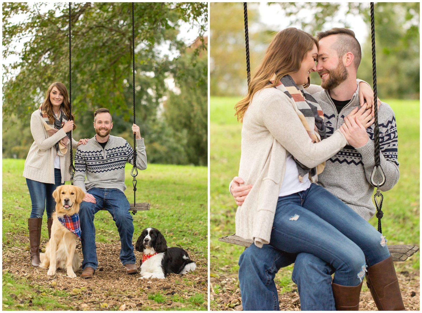 Fall outdoor engagement session with a swing and dogs at Shaker Village in Harrodsburg, Kentucky.