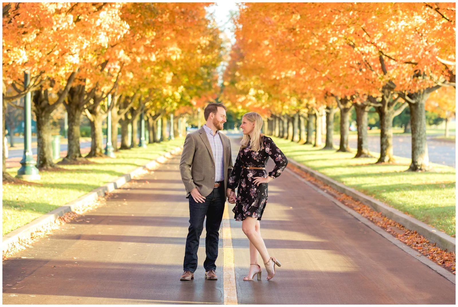 Fall Engagement Session with the row of trees at Keeneland Racetrack in Lexington, Kentucky.