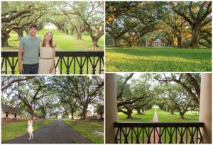 Couple standing under the canopy of trees during sunset at Oak Alley Plantation in Vacherie, Louisiana