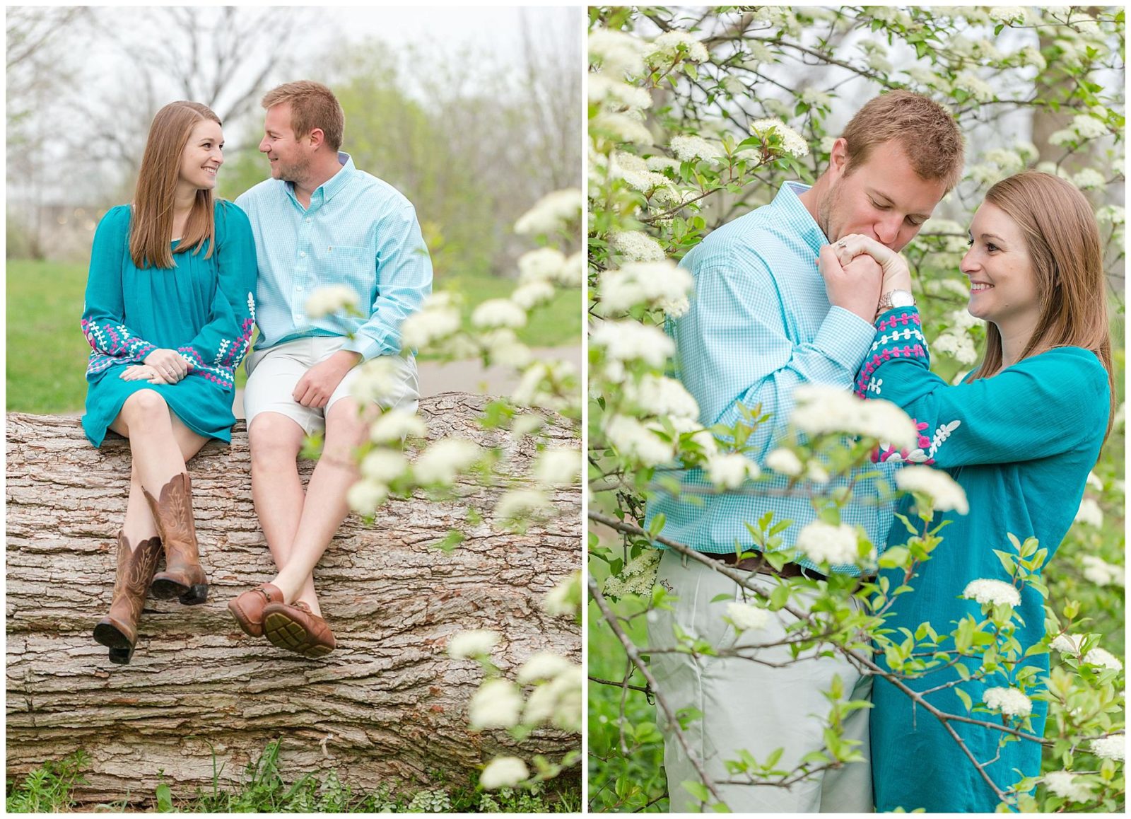Couple standing in front of a blooming tree during their engagement session at the University of Kentucky Arboretum.
