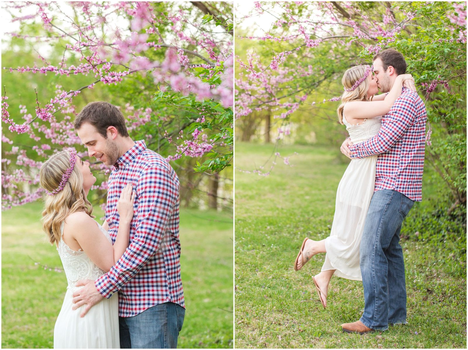 Spring engagement session with blooming trees on a family farm in Lexington, KY