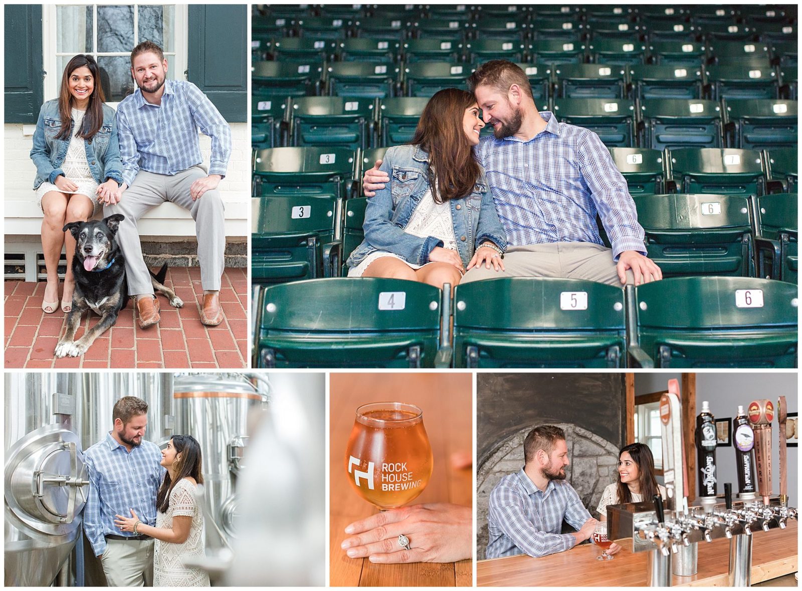 Collage of engagement photos at Rock House Brewery and Keeneland in Lexington, KY