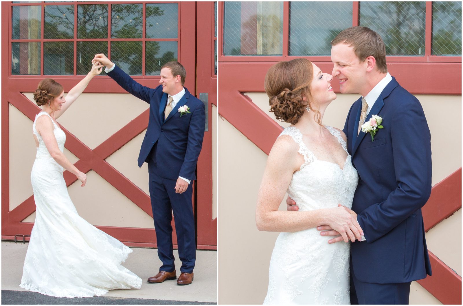 Collage of photos featuring a bride and groom's first look at Evans Orchard in Georgetown, KY