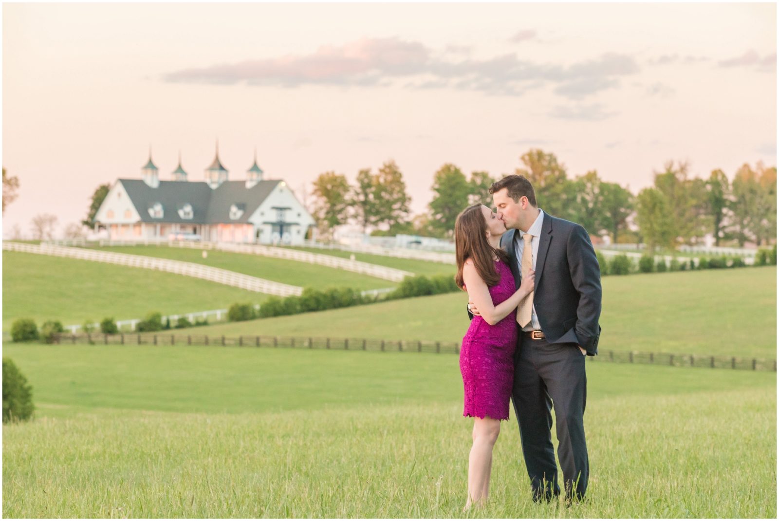 Engagement Session at Keeneland with Manchester Farm's iconic white barn in the background