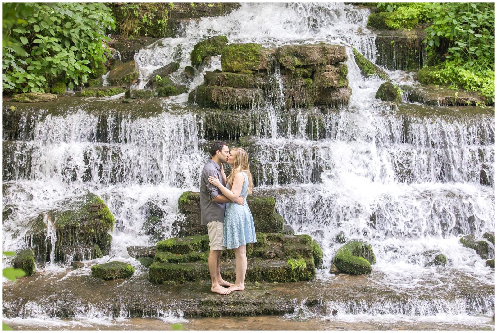 Engagement session at a waterfall at Shaker Village in Harrodsburg, KY