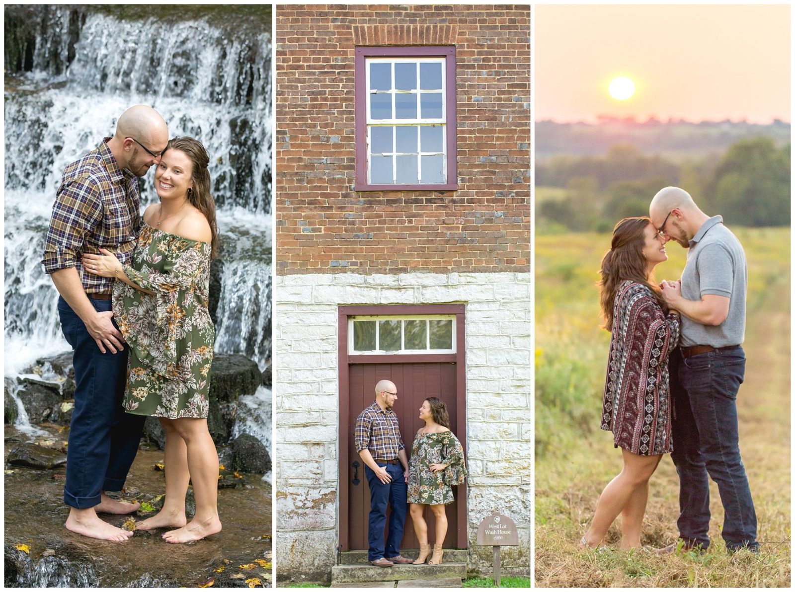 Kentucky fall engagement farm and waterfall session at Shaker Village in Harrodsburg, Kentucky.
