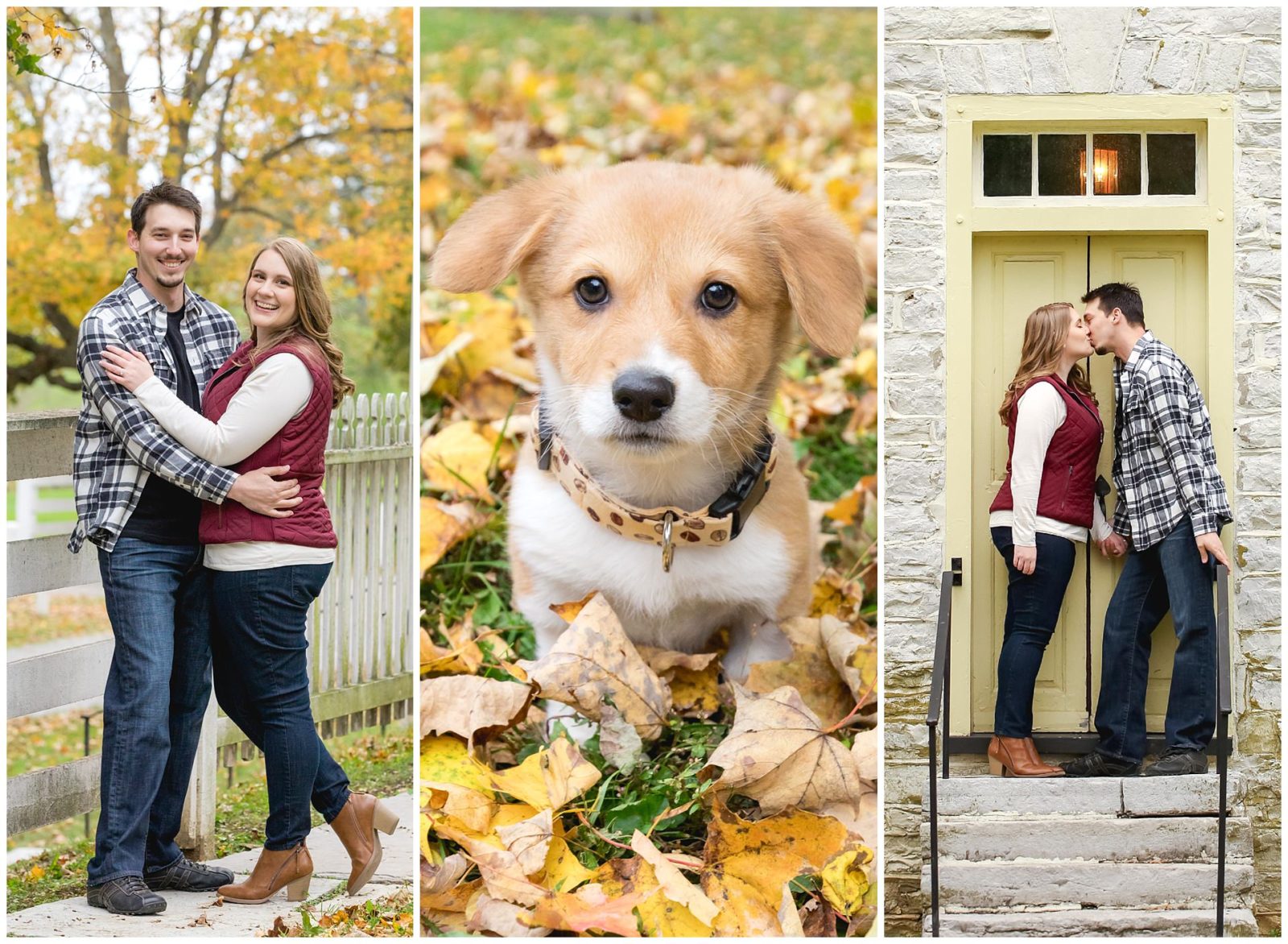 Fall dog engagement photos at Shaker Village in Harrodsburg, Kentucky.