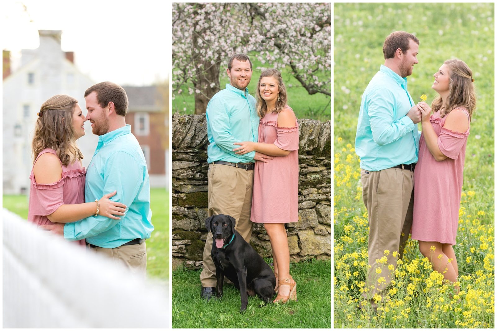 Spring Engagement Session with a dog at Shaker Village in Harrodsburg, Kentucky.