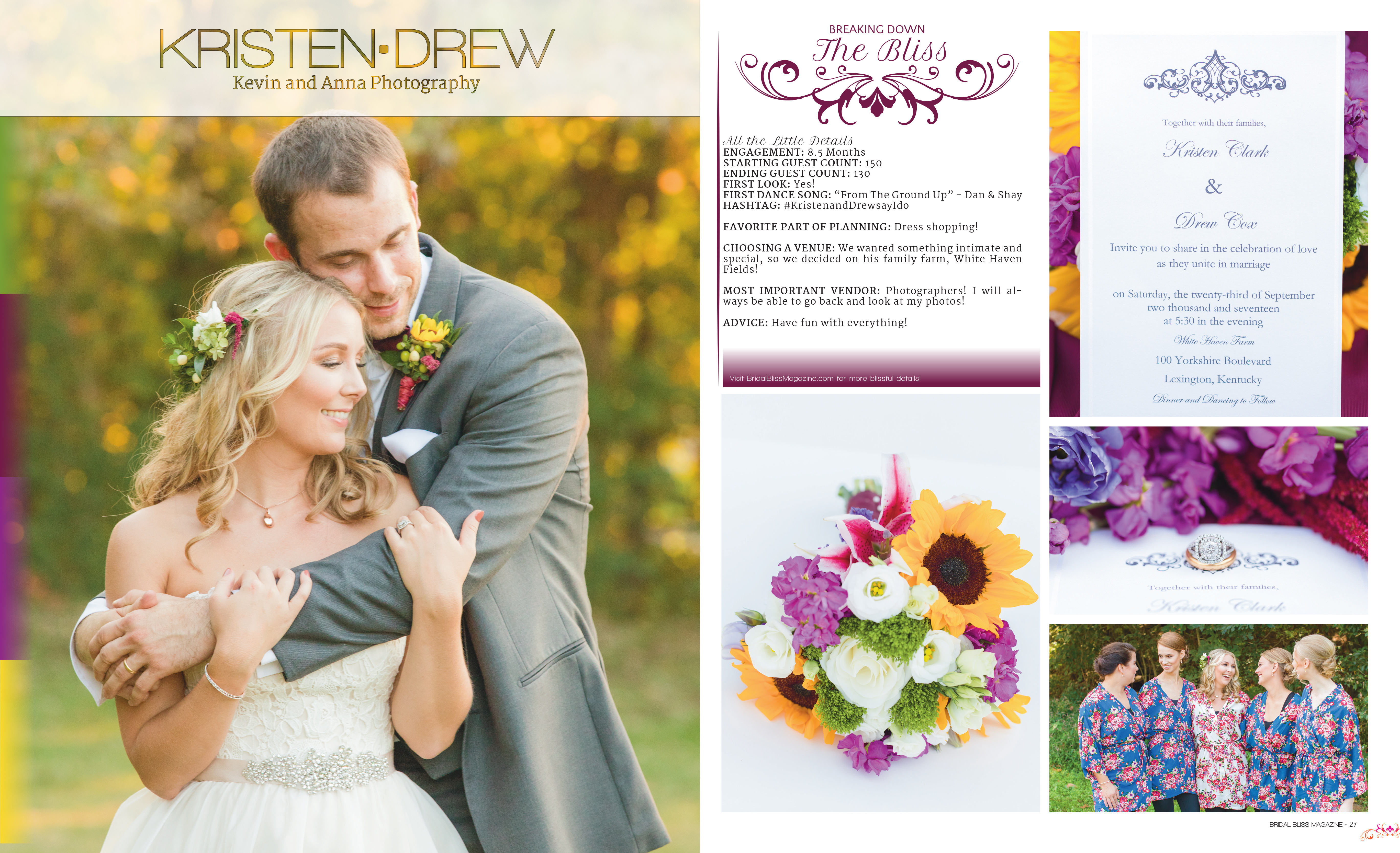 Kristin and Drew's wedding at White Haven Fields featured in volume 4 of Bridal Bliss Magazine