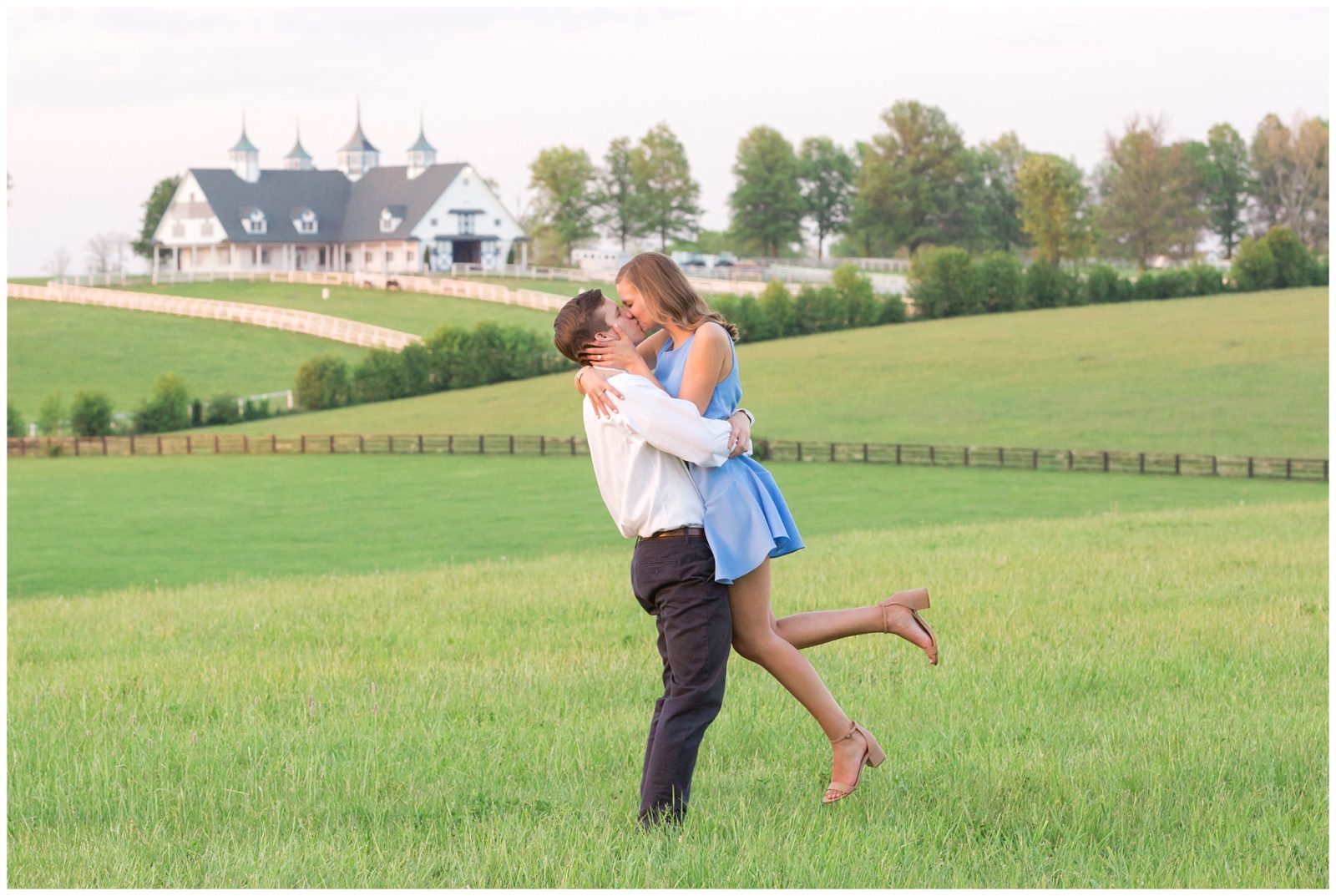 May Engagement Session with Manchester Farm in the background at Keeneland Racecourse in Lexington, KY