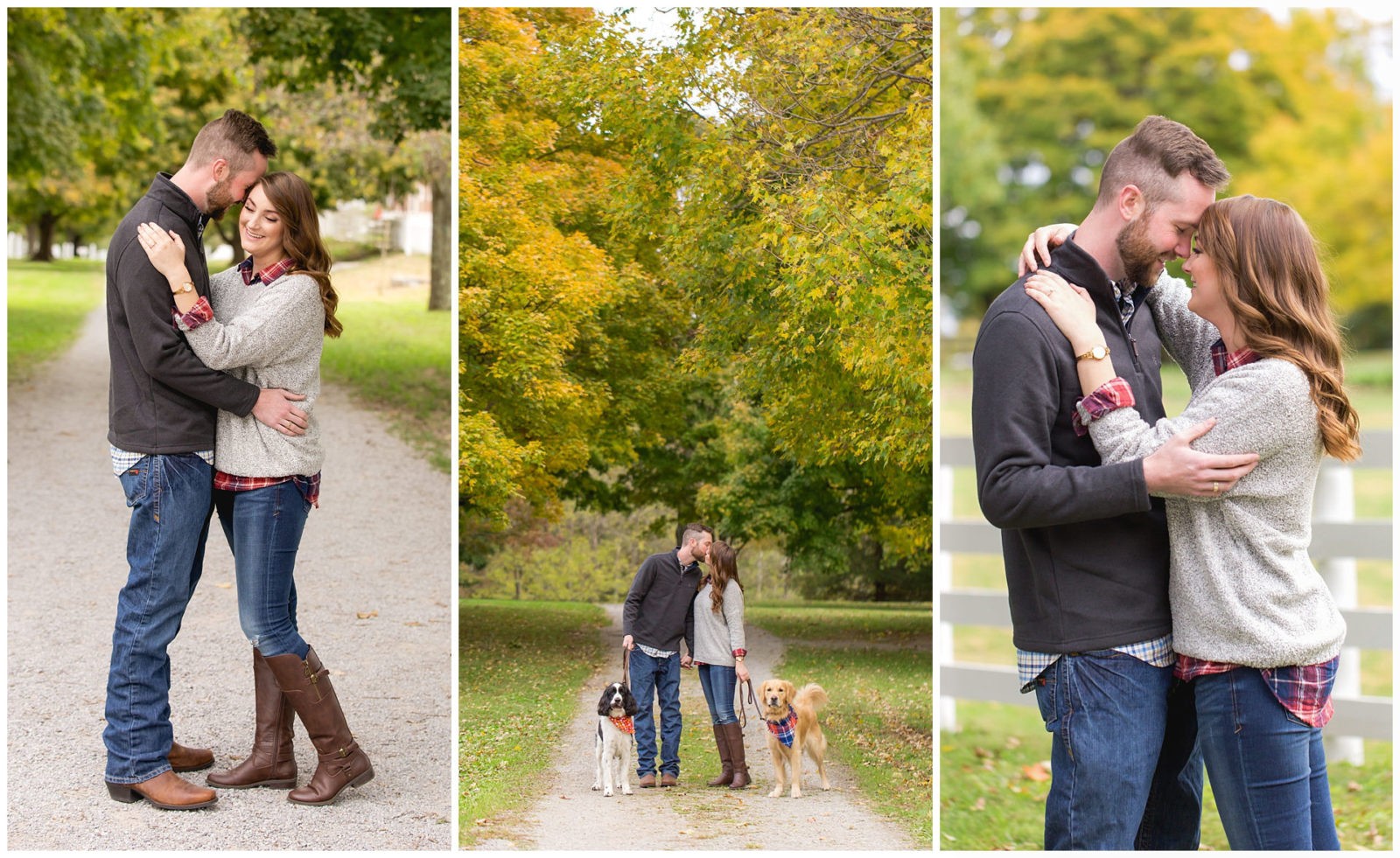 Fall outdoor engagement session with dogs at Shaker Village in Harrodsburg, Kentucky.