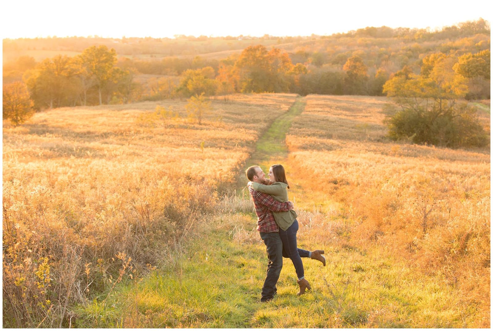 Fall engagement photos in the countryside at Shaker Village in Harrodsburg, Kentucky