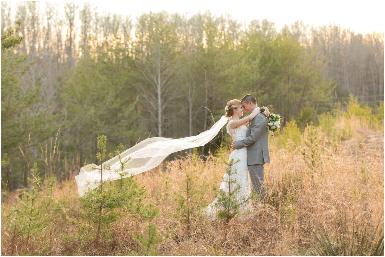 Bride and Groom at sunset in tall grass with the mountains behind them at the Cliffview Resort in Campton, KY