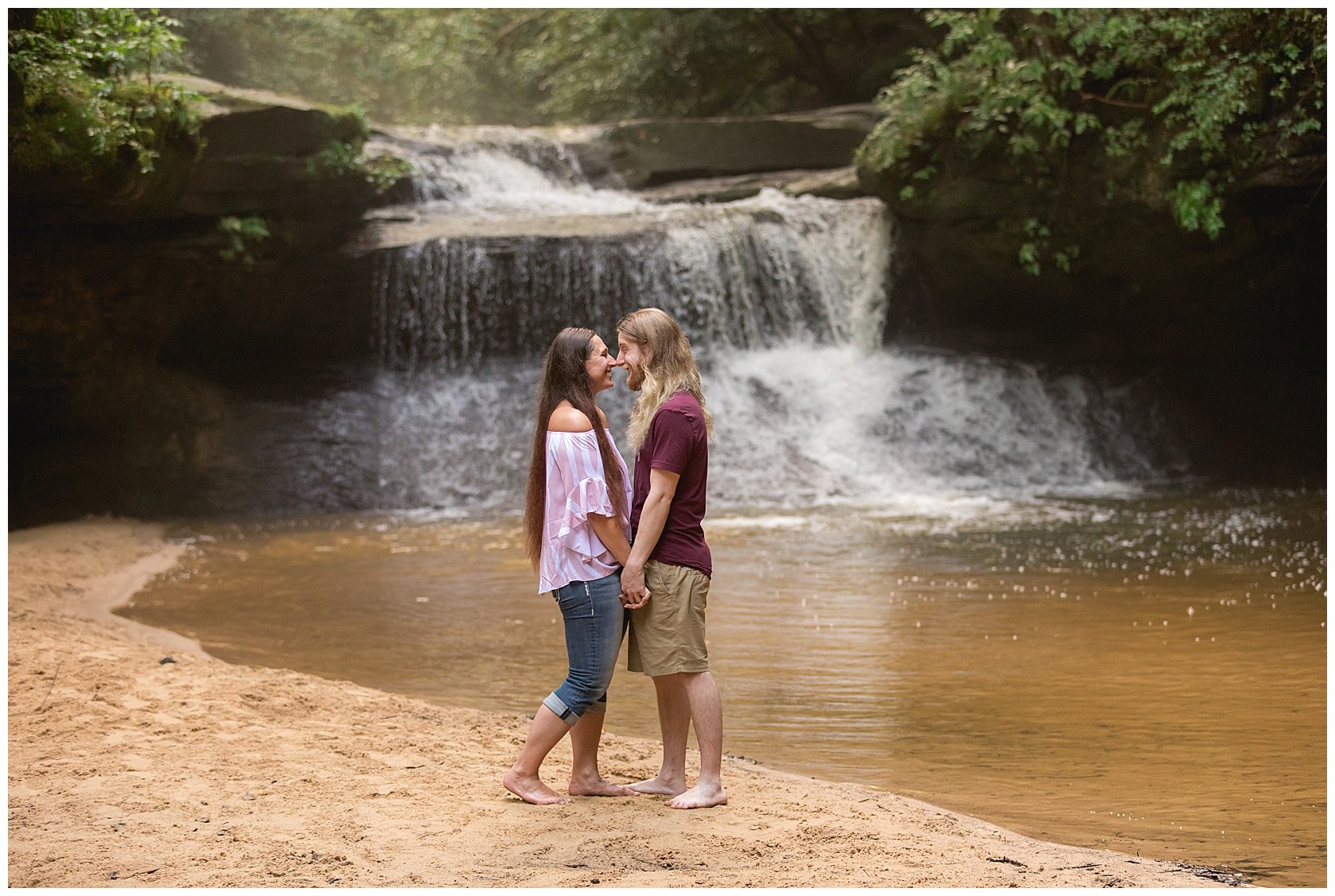 Waterfall Engagement Session in the Red River Gorge on a Cliff by Kentucky Wedding Photographers Kevin and Anna Photography